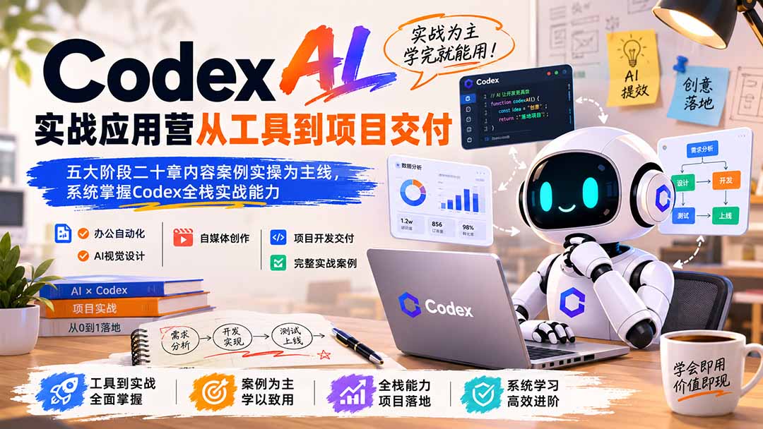 Codex AI实战应用营从工具到项目交付；五大阶段二十章内容案例实操为主线，系统掌握Codex全栈实战能力