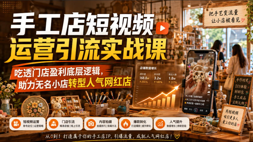 手工店短视频运营引流实战课，吃透门店盈利底层逻辑，助力无名小店转型人气网红店