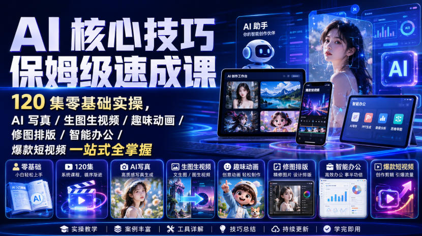 AI核心技巧保姆级速成课｜120集零基础实操，AI写真/生图生视频/趣味动画/修图排版/智能办公/爆款短视频一站式全掌握