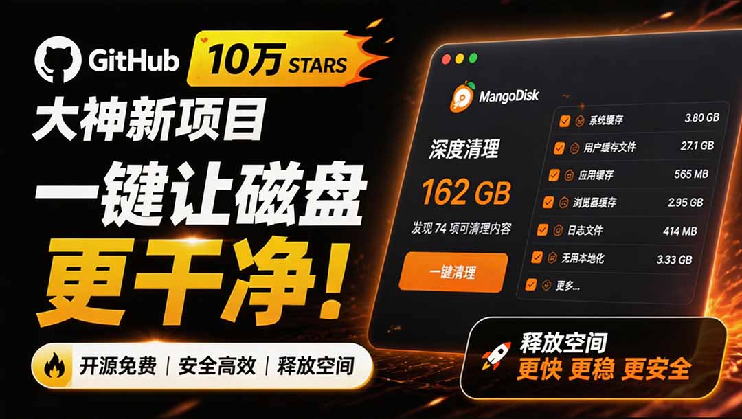 在Gtihub上做出10万 stars 的大神，又发布新项目了！一键让磁盘更干净，开源免费清理工具 MangoDisk