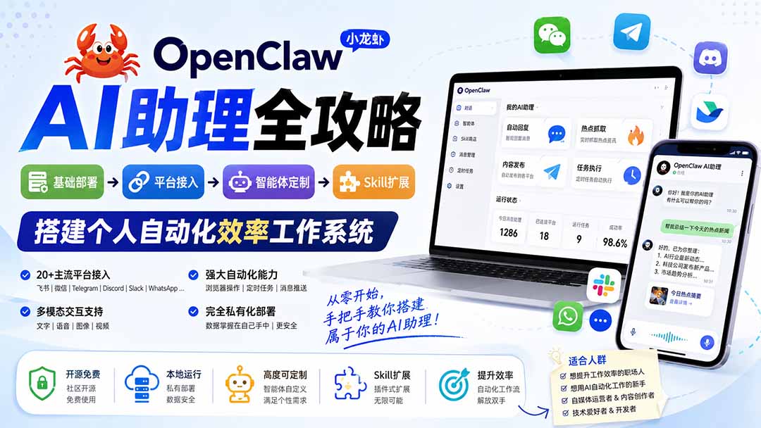 OpenClaw AI助理全攻略：基础部署→平台接入→智能体定制→Skill扩展，搭建个人自动化效率工作系统
