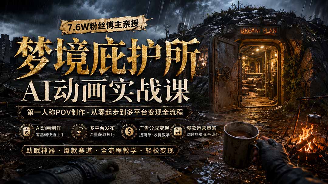 梦境庇护所AI动画实战课：7.6W粉丝博主亲授第一人称POV制作，从零起步到多平台发布变现全流程