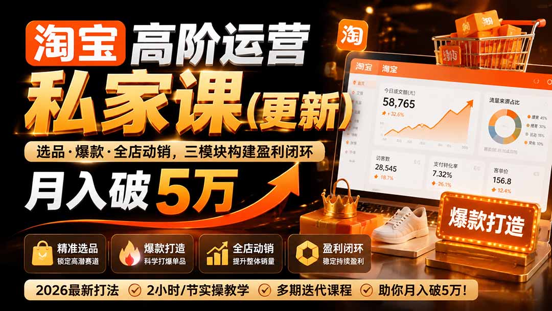 淘宝高阶运营私家课（更新26年）：选品、爆款、全店动销，三模块构建盈利闭环，月入破5万