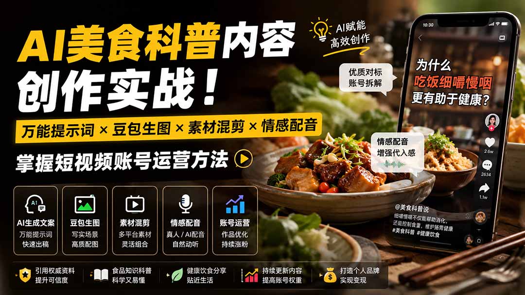 外面卖199元-AI美食科普内容创作实战！万能提示词×豆包生图×素材混剪×情感配音，掌握短视频账号运营方法