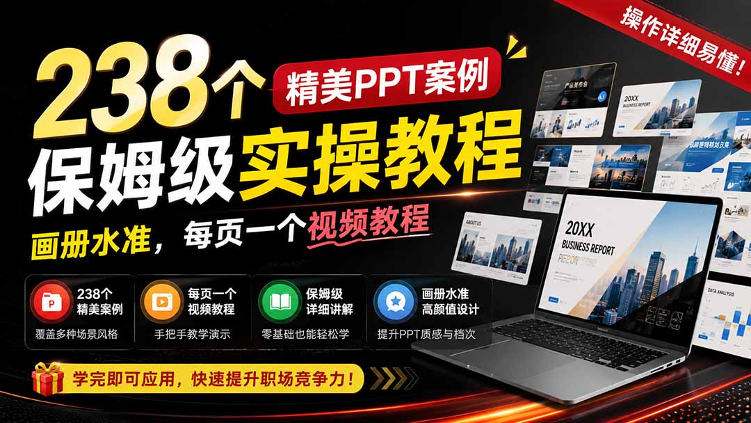 238个精美ppt案例保姆级实操教程：画册水准，每页一个视频教程，操作详细易懂！
