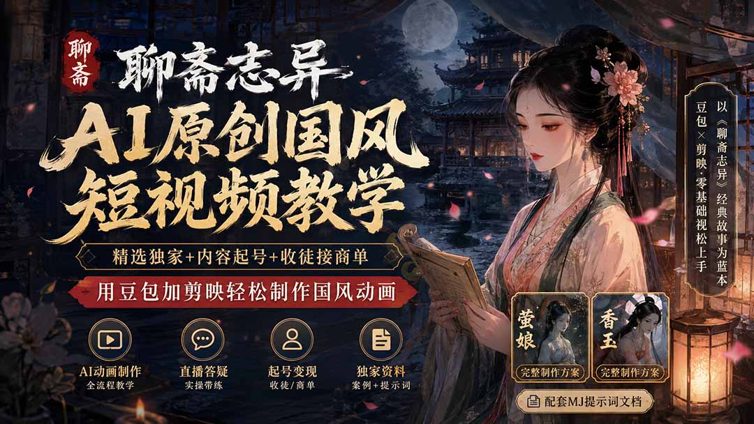聊斋志异AI原创国风短视频教学-更新；精选独家+内容起号+收徒接商单，用豆包加剪映轻松制作国风动画