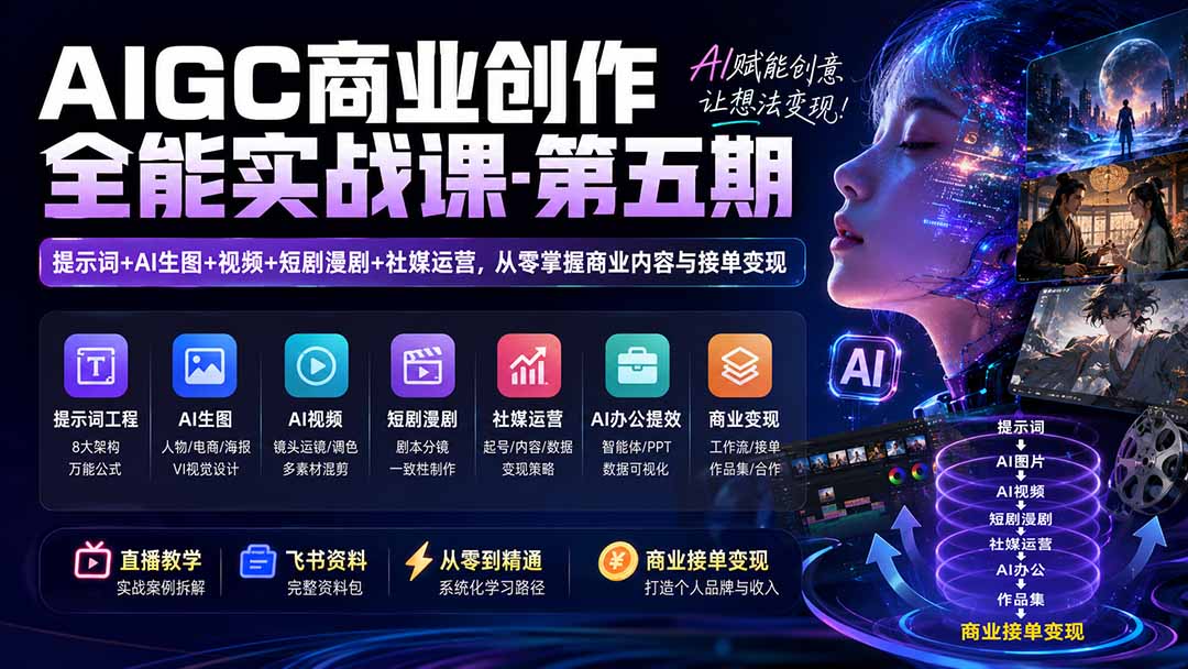 AIGC商业创作全能实战课-第五期：提示词+AI生图+视频+短剧漫剧+社媒运营，从零掌握商业内容与接单变现