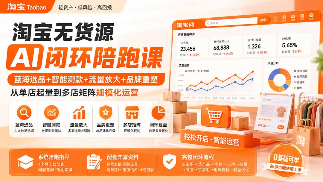 淘宝无货源AI闭环陪跑课：蓝海选品+智能测款+流量放大+品牌重塑，从单店起量到多店矩阵规模化运营
