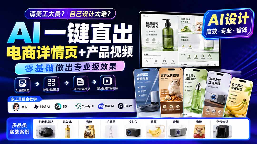 请美工太贵？自己设计太难？AI一键直出电商详情页+产品视频，零基础做出专业级效果 (更新0820)
