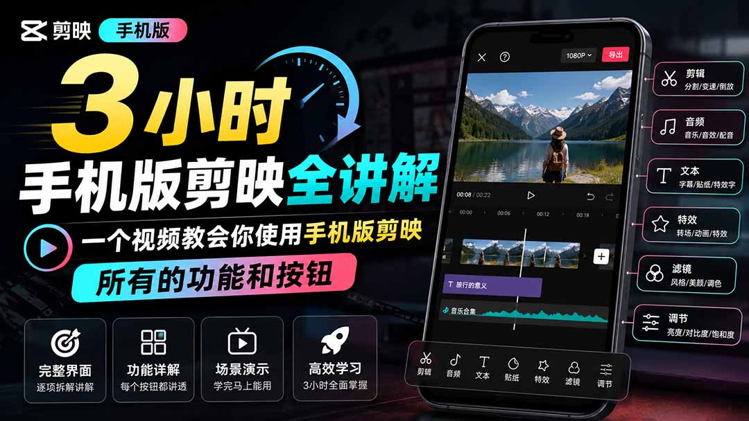 3小时手机版剪映全讲解，一个视频教会你使用手机版剪映，所有的功能和按钮
