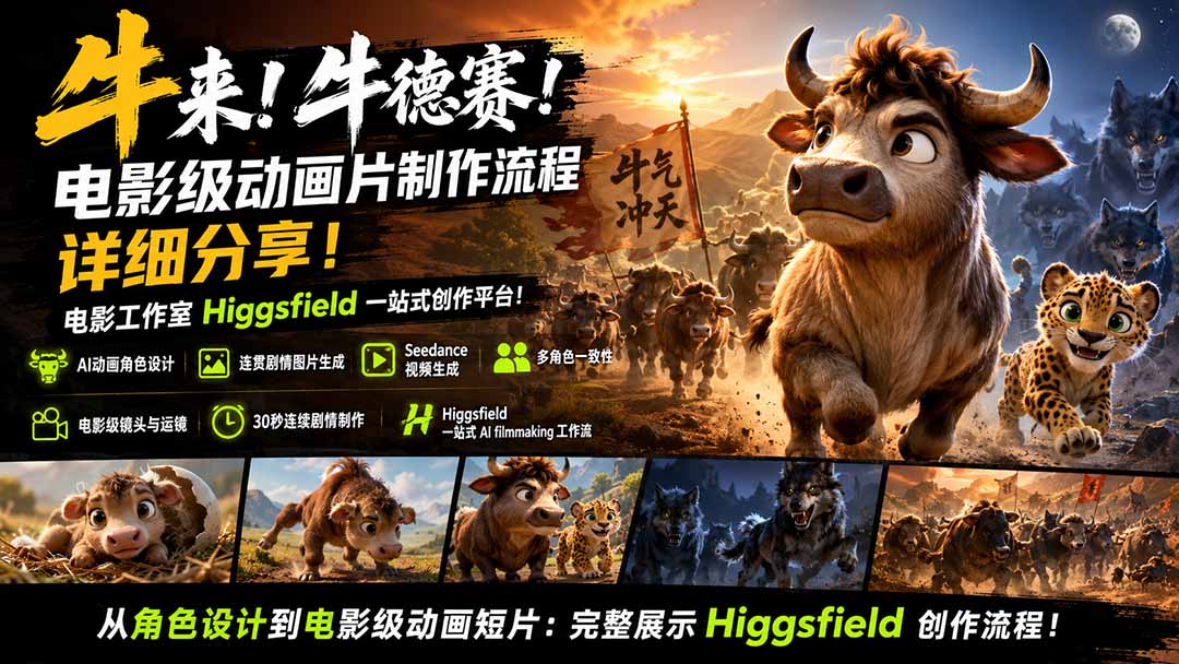 牛来！牛德赛！电影级动画片制作流程详细分享！电影工作室Higgsfield一站式创作平台！