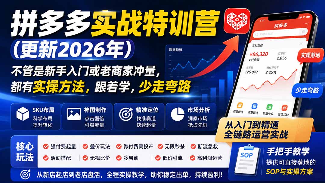 拼多多实战特训营(更新26年0822)：不管是新手入门或老商家冲量，都有实操方法，跟着学，少走弯路