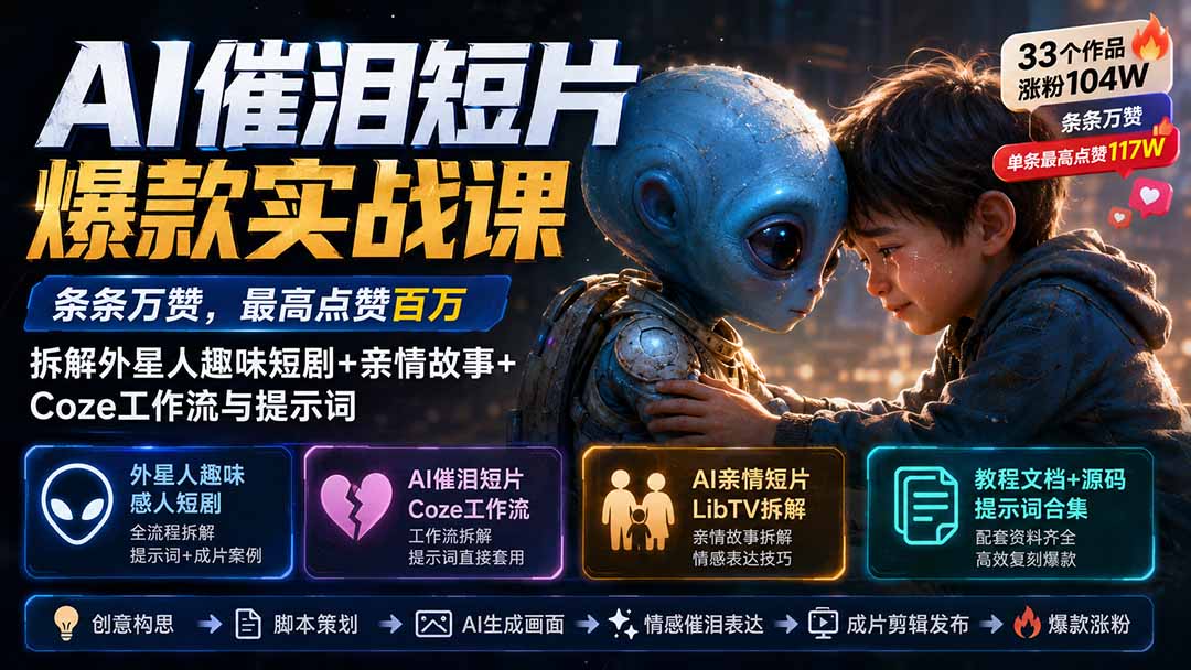 AI催泪短片爆款实战课：条条万赞，最高点赞百万，拆解外星人趣味短剧+亲情故事+Coze工作流与提示词