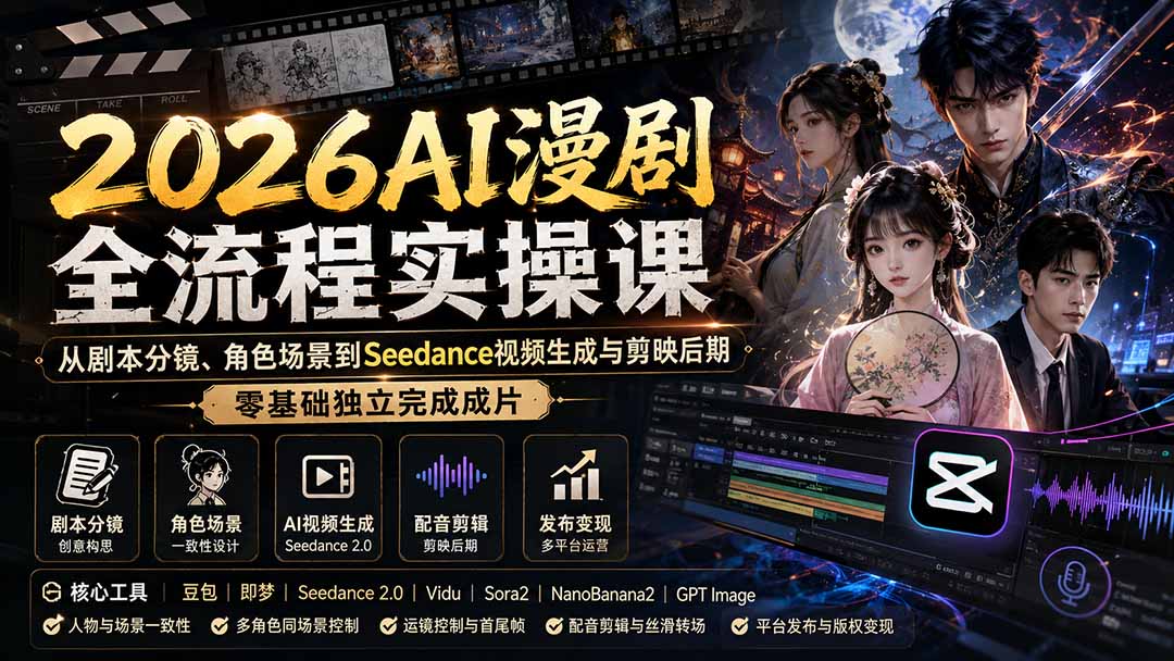 2026AI漫剧全流程实操课：从剧本分镜、角色场景到Seedance视频生成与剪映后期，零基础独立完成成片