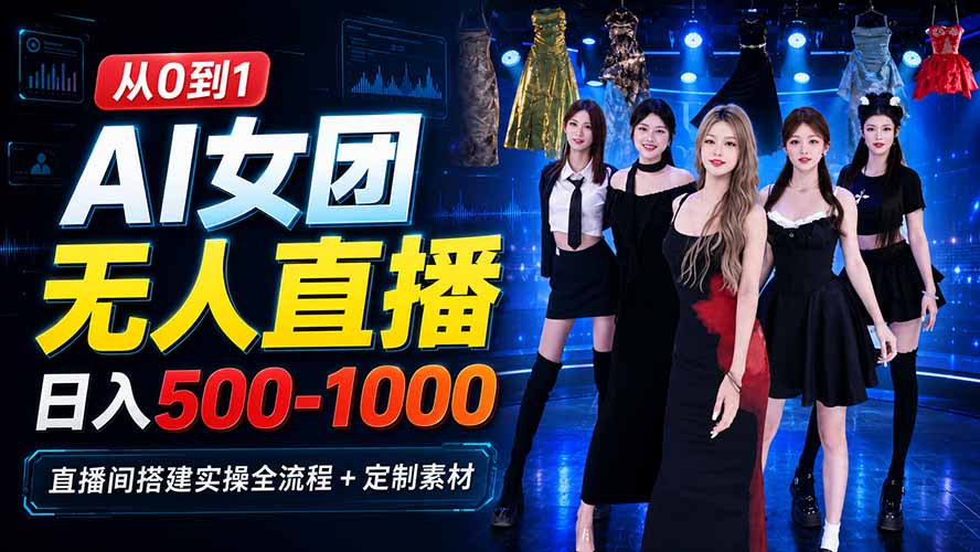 AI 女团无人直播，躺入500‑1000每天，直播间搭建实操全流程+定制素材