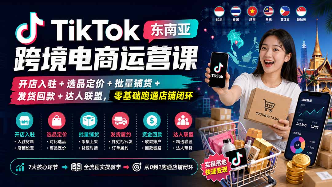 TikTok东南亚跨境电商运营课：开店入驻+选品定价+批量铺货+发货回款+达人联盟，零基础跑通店铺闭环