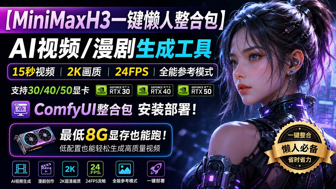 MiniMaxH3一键懒人整合包：AI视频/漫剧生成工具，15秒视频_2K画质_24FPS_全能模式，支持30_40_50显卡，8g显存也能跑