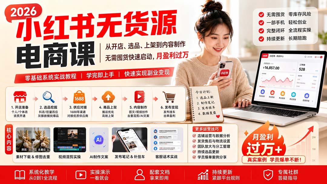 小红书无货源电商课(8月30更新)：从开店、选品、上架到内容制作，无需囤货快速启动，月盈利过万
