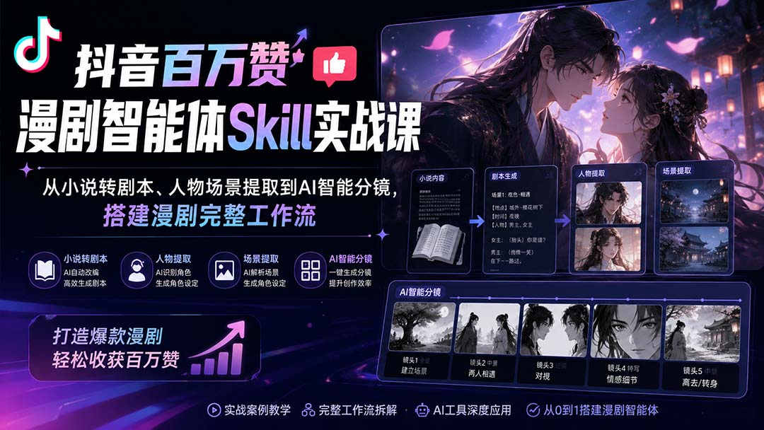 抖音百万赞漫剧智能体Skill实战课：从小说转剧本、人物场景提取到AI智能分镜，搭建漫剧完整工作流