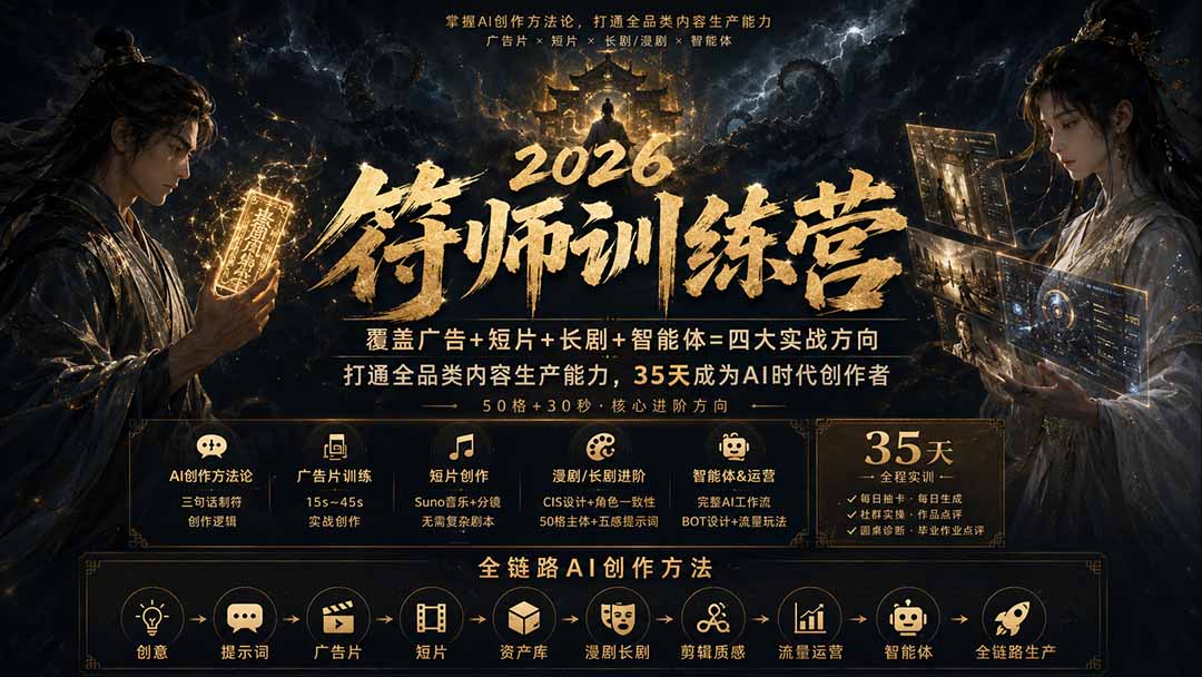 符师训练营-35天成为AI时代创作者，广告+短片+漫剧+智能体四大实战方向，掌握从创意到上线的完整工作流