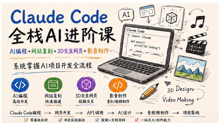Claude Code全栈AI进阶课-更新；AI编程+网站复刻+3D交互网页+影音创作，系统掌握AI项目开发全流程