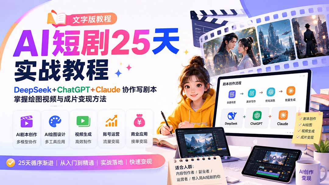 AI短剧25天实战教程（文字版教程）：DeepSeek+ChatGPT+Claude协作写剧本，掌握绘图视频与成片变现方法
