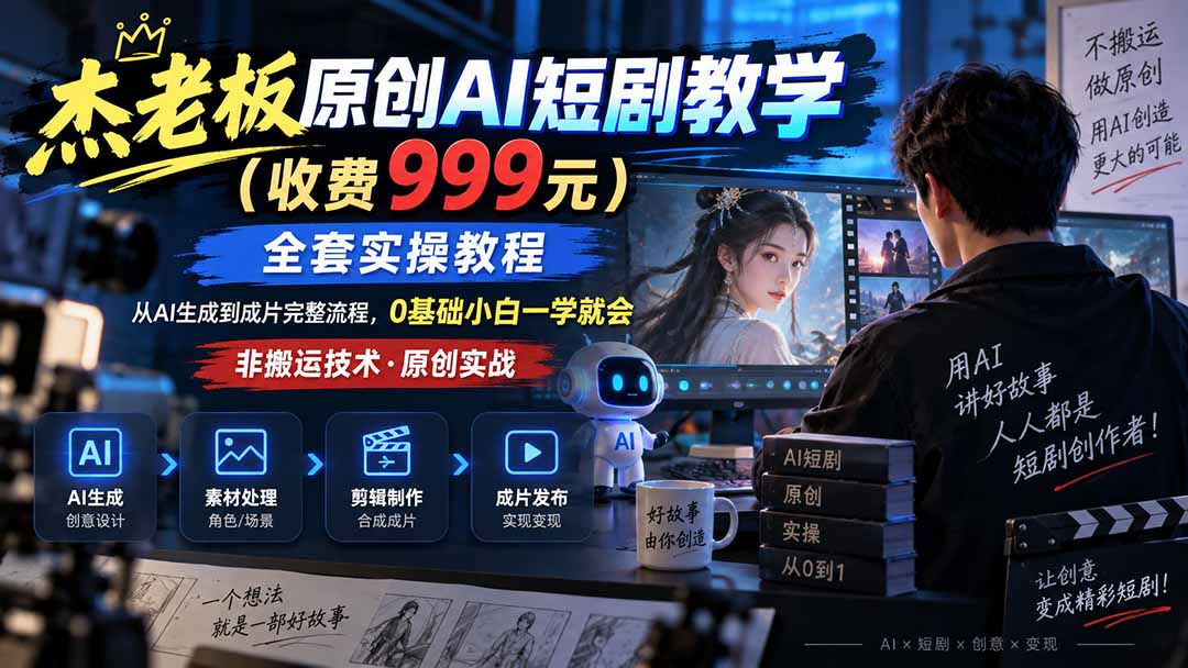 杰老板原创AI短剧教学（收费999元），全套实操教程，0基础小白一学就会，非搬运技术