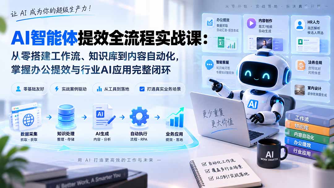 AI智能体提效全流程实战课：从零搭建工作流、知识库到内容自动化，掌握办公提效与行业AI应用完整闭环