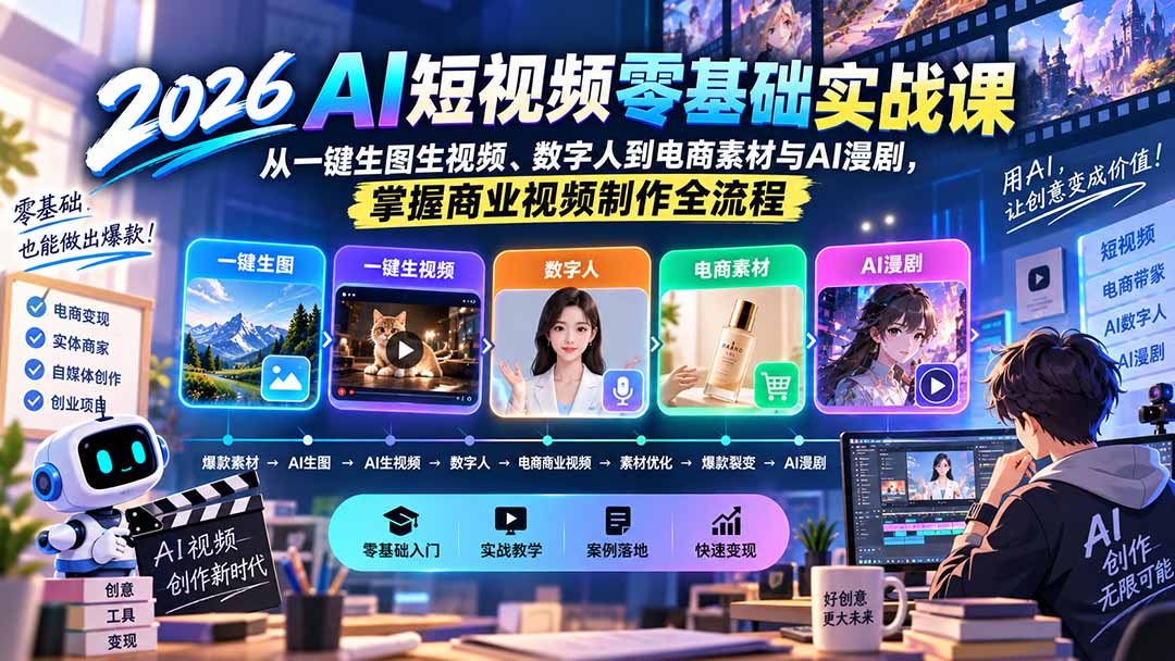 2026AI短视频零基础实战课：从一键生图生视频、数字人到电商素材与AI漫剧，掌握商业视频制作全流程