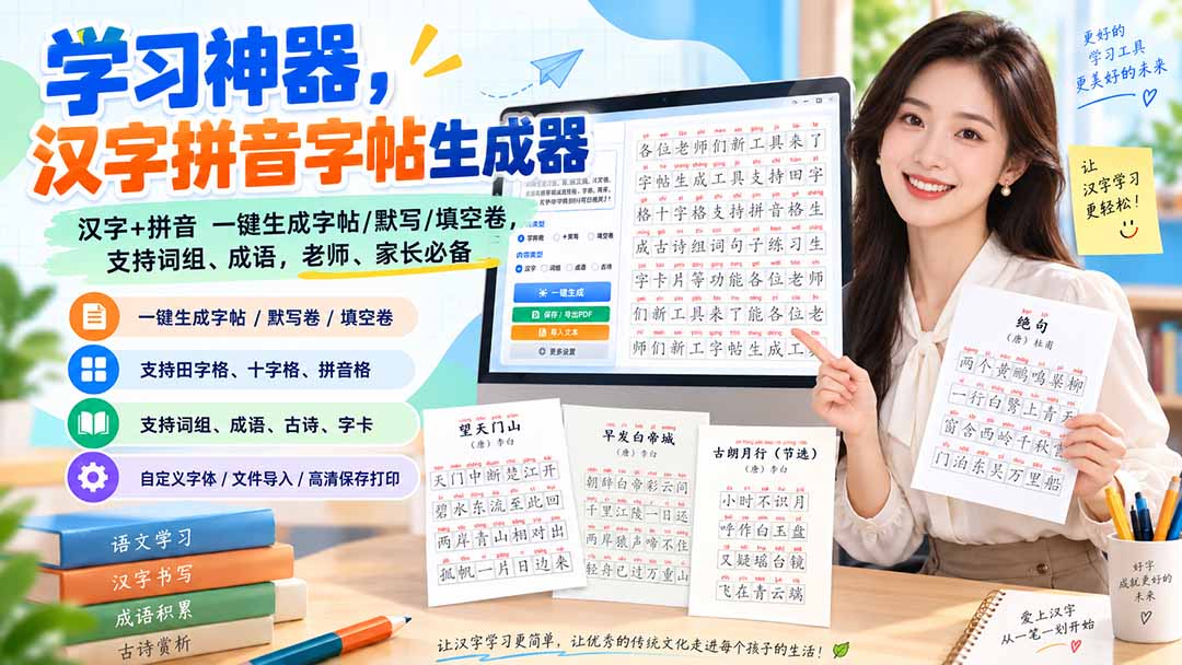 学习神器，汉字拼音字帖生成器，汉字+拼音 一键生成字帖/默写/填空卷，支持词组、成语，老师、家长必备