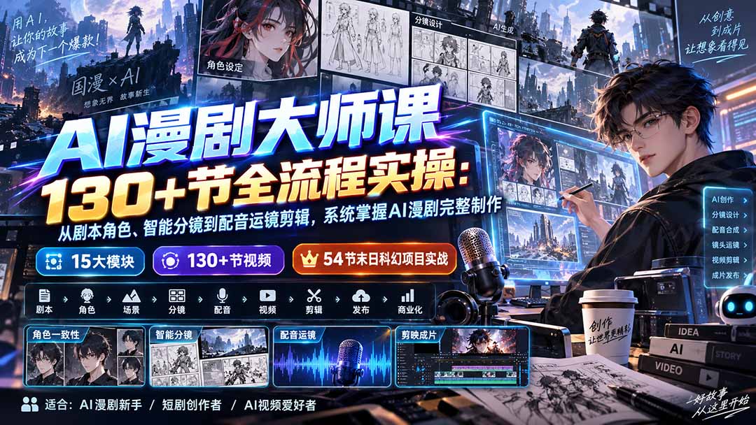 AI漫剧大师课130+节全流程实操：从剧本角色、智能分镜到配音运镜剪辑，系统掌握AI漫剧完整制作