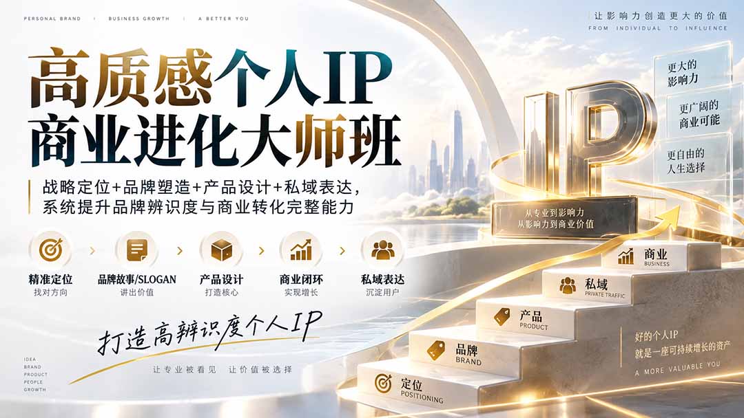 高质感个人IP商业进化大师班：战略定位+品牌塑造+产品设计+私域表达，系统提升品牌辨识度与商业转化完整能力