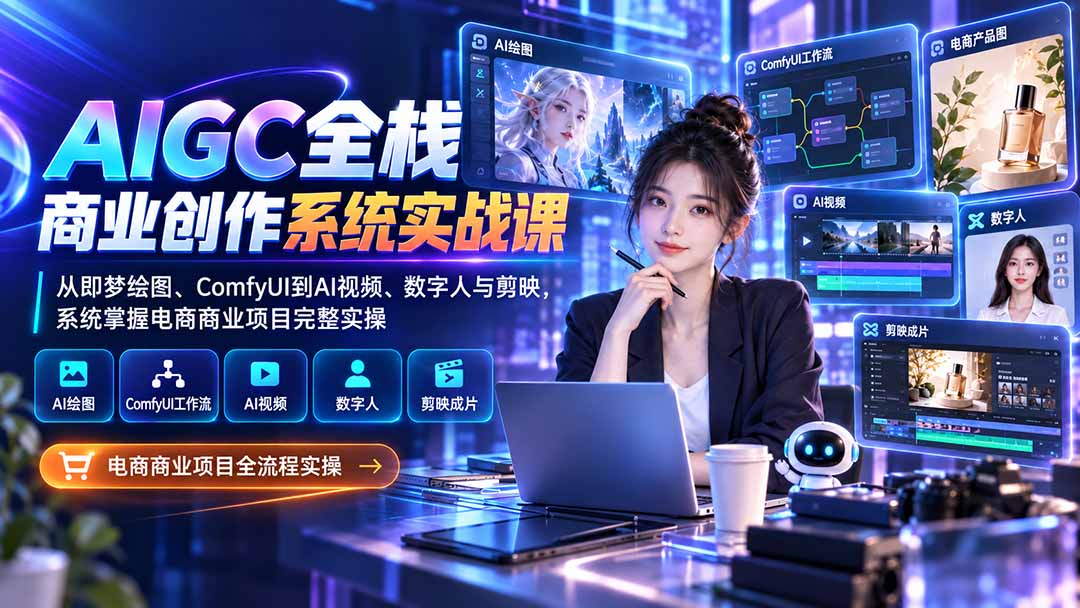 AIGC全栈商业创作系统实战课：从即梦绘图、ComfyUI到AI视频、数字人与剪映，系统掌握电商商业项目完整实操