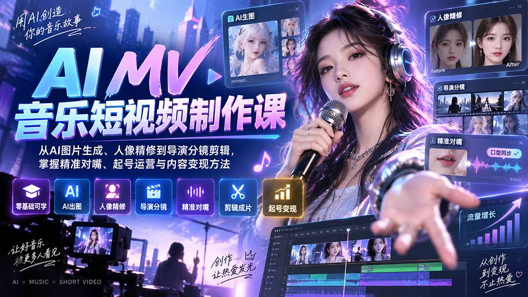 AI MV音乐短视频制作课：从AI图片生成、人像精修到导演分镜剪辑，掌握精准对嘴、起号运营与内容变现方法