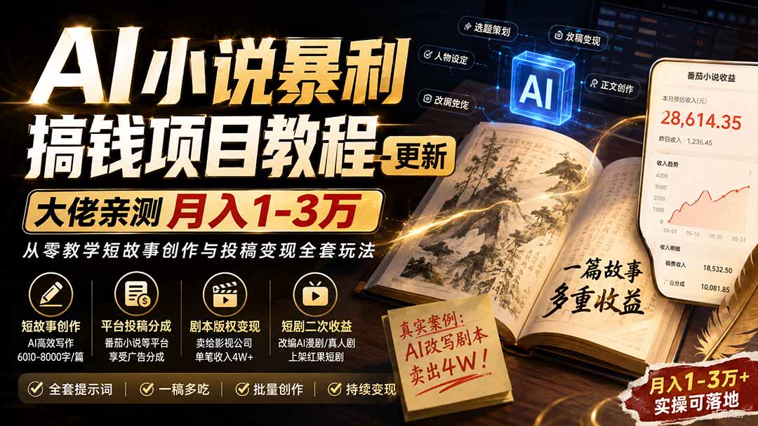 AI小说短故事暴利搞钱项目教程-更新，大佬亲测月入1-3万，从零教学短故事创作与投稿变现全套玩法