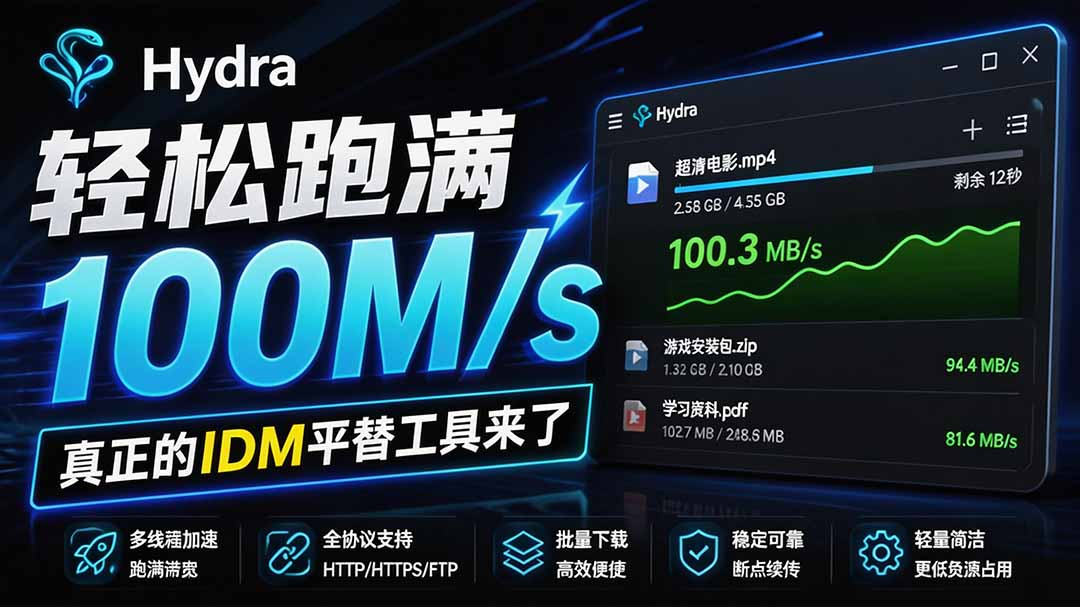 轻松跑满100M/s，真正的IDM平替工具来了，开源多线程器，支持浏览器拓展，一键智能加速 Hydra Download Manager