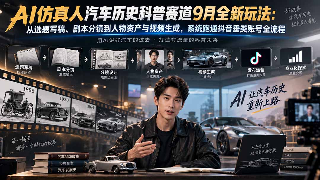 AI仿真人汽车历史科普赛道9月全新玩法：从选题写稿、剧本分镜到人物资产与视频生成，系统跑通抖音垂类账号全流程