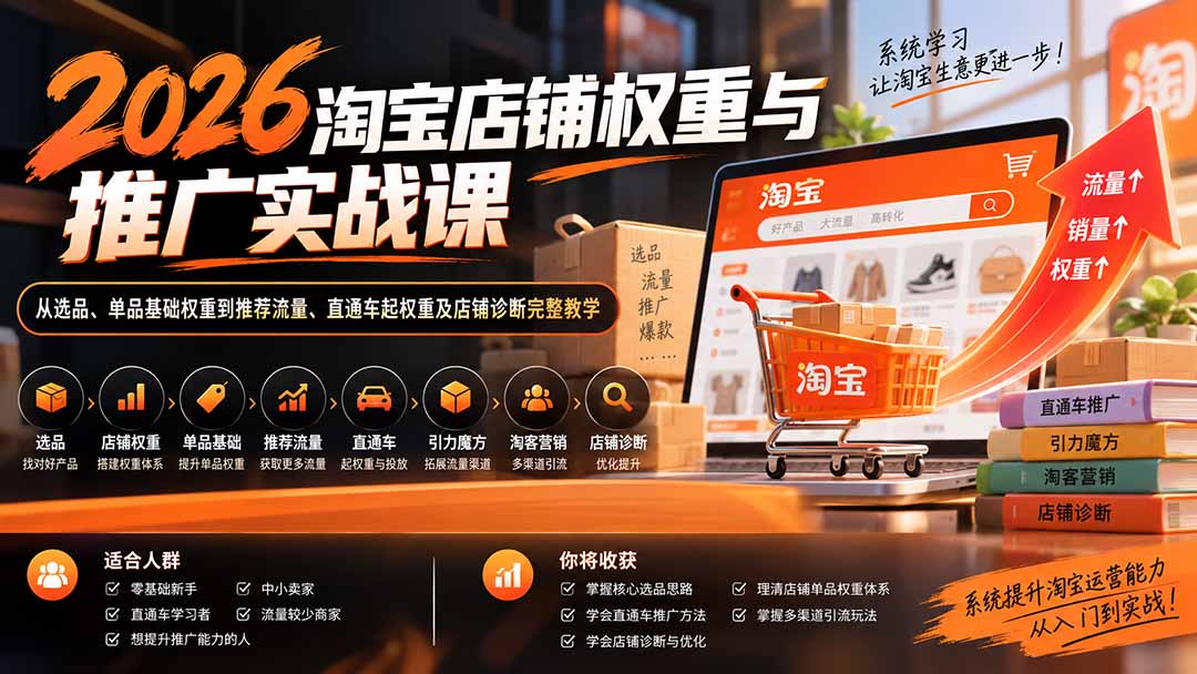 2026淘宝店铺权重与推广实战课：从选品、单品基础权重到推荐流量、直通车起权重及店铺诊断完整教学