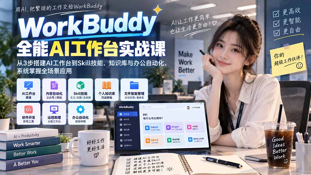 WorkBuddy全能AI工作台实战课：从3步搭建AI工作台到Skill技能、知识库与办公自动化，系统掌握全场景应用