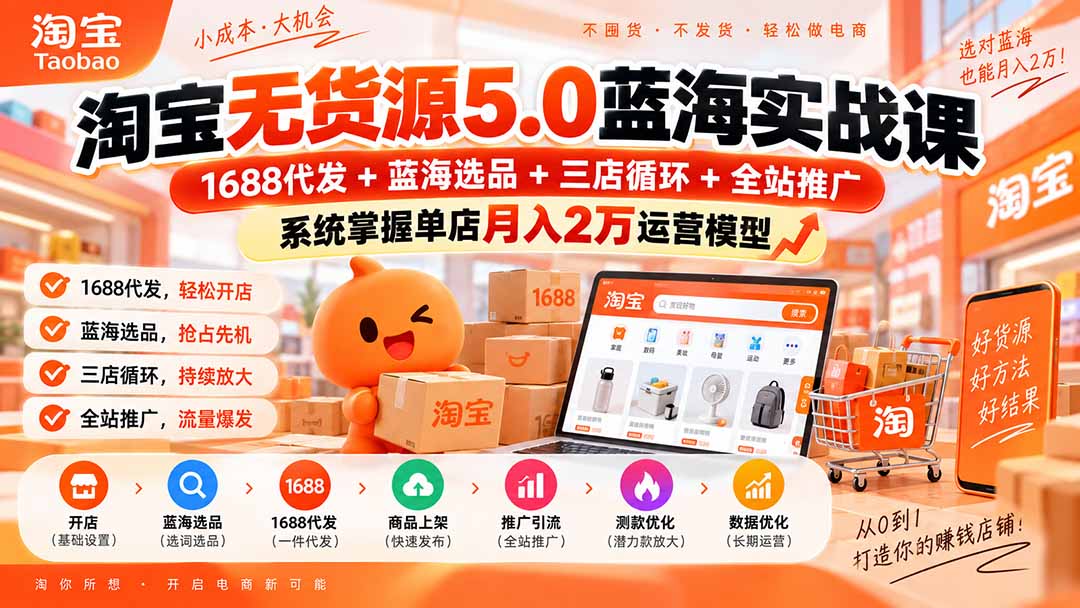 淘宝无货源5.0蓝海实战课-更新：1688代发+蓝海选品+三店循环+全站推广，系统掌握单店月入2万运营模型