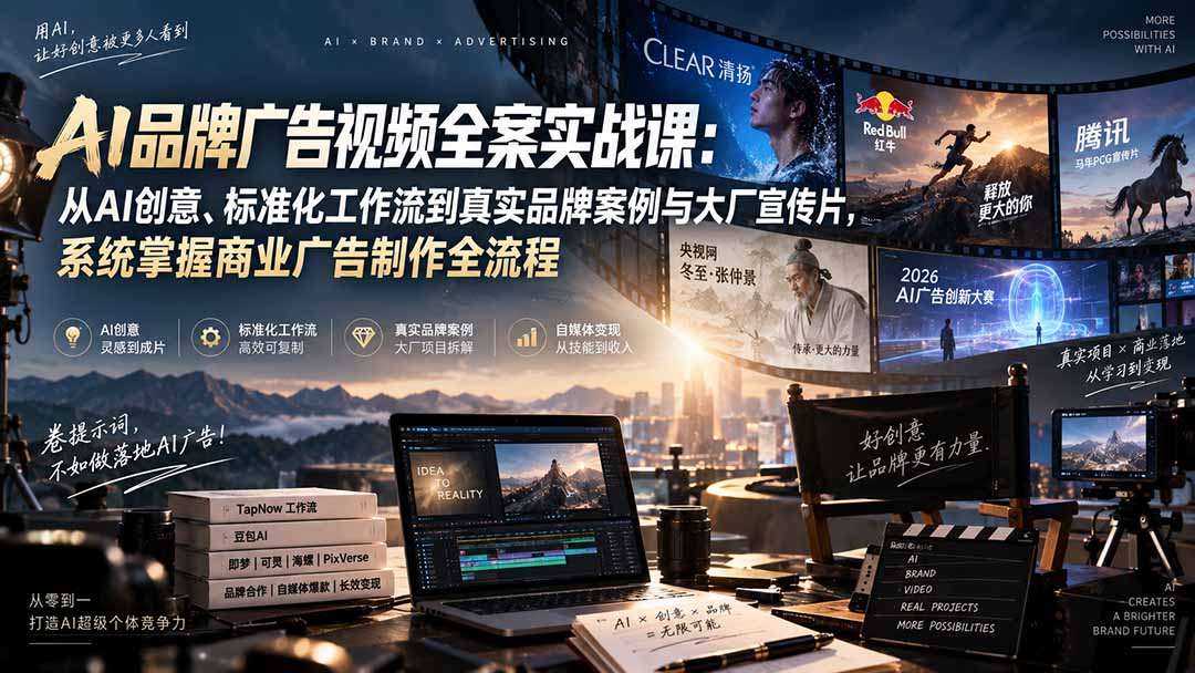 AI品牌广告视频全案实战课：从AI创意、标准化工作流到真实品牌案例与大厂宣传片，系统掌握商业广告制作全流程