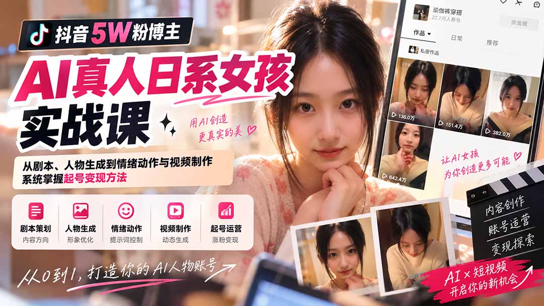 抖音5W粉博主AI真人日系女孩实战课：从剧本、人物生成到情绪动作与视频制作，系统掌握起号变现方法