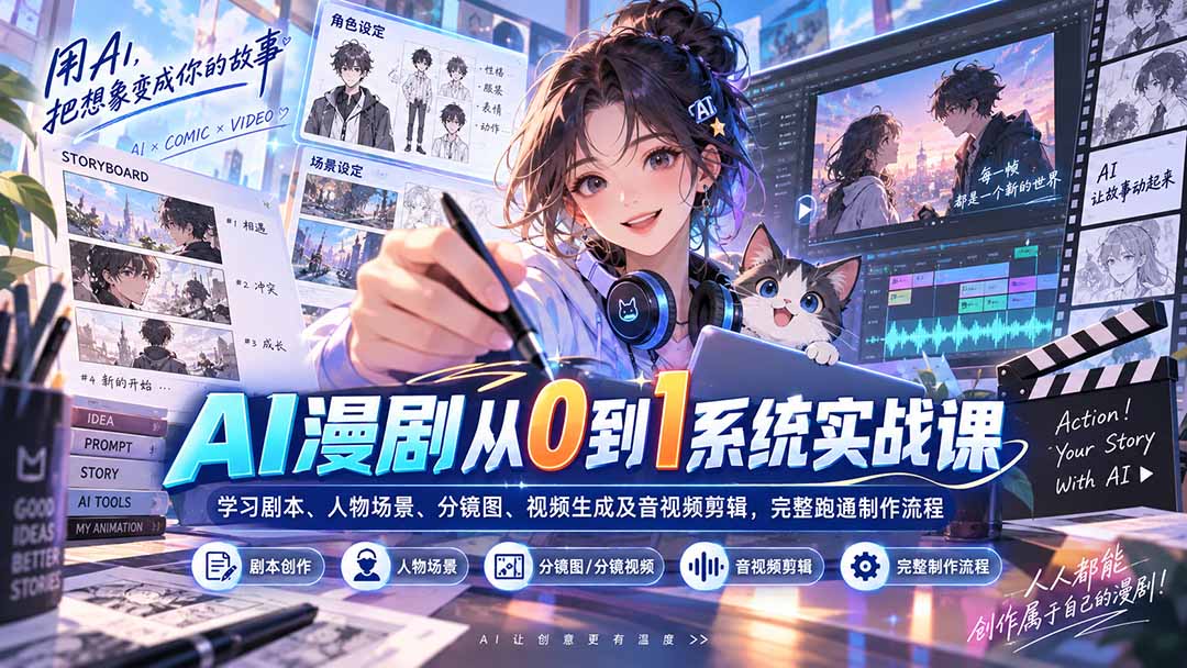AI漫剧从0到1系统实战课：学习剧本、人物场景、分镜图、视频生成及音视频剪辑，完整跑通制作流程