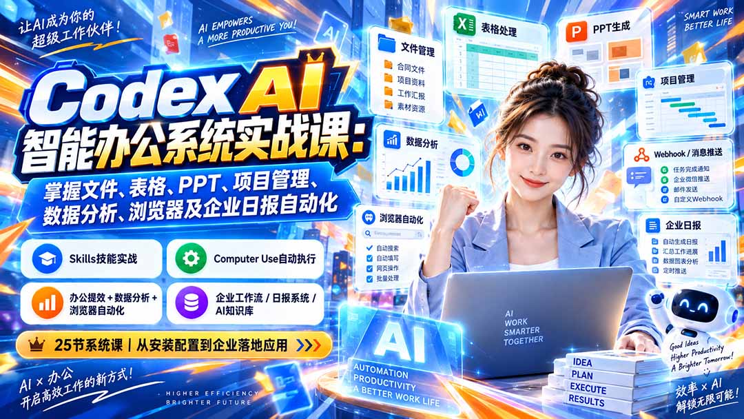 Codex AI智能办公系统实战课：掌握文件、表格、PPT、项目管理、数据分析、浏览器及企业日报自动化