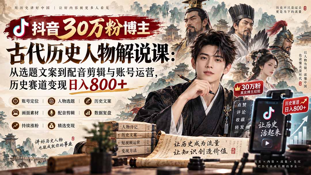 抖音30万粉博主古代历史人物解说课：从选题文案到配音剪辑与账号运营，历史赛道变现日入800+