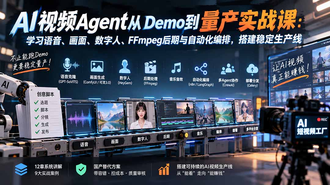AI视频Agent从Demo到量产实战课：学习语音、画面、数字人、FFmpeg后期与自动化编排，搭建稳定生产线
