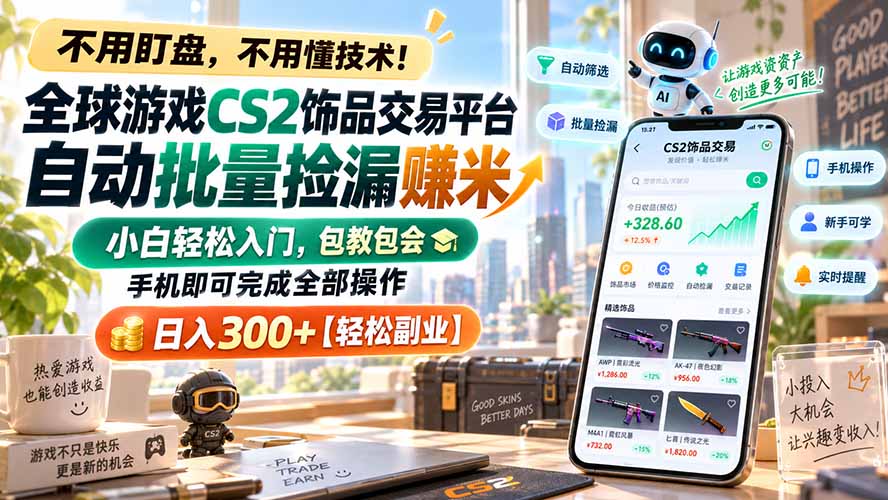 全球游戏CS2饰品交易平台自动批量捡漏赚米，小白轻松入门，包教包会，手机即可完成全部操作，日入300+【轻松副业】
