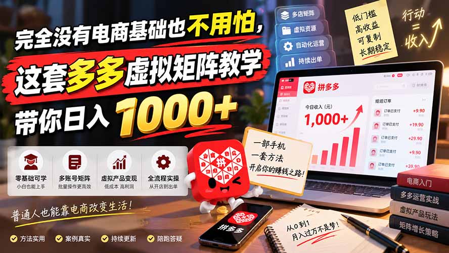 完全没有电商基础也不用怕，这套多多虚拟矩阵教学带你日入 1000+