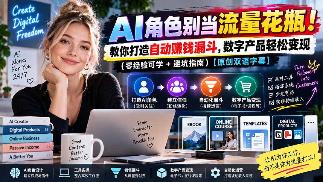 AI角色别当流量花瓶！教你打造自动赚钱漏斗，数字产品轻松变现（零经验可学+避坑指南）【原创双语字幕】