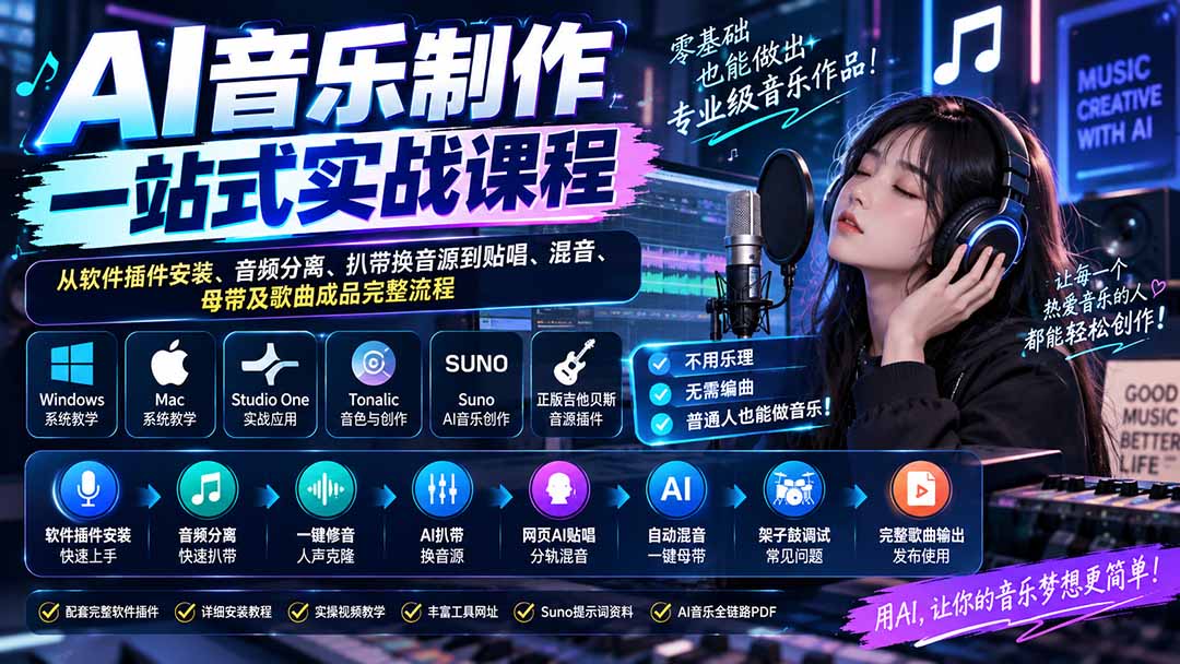 AI音乐制作一站式实战课程：从软件插件安装、音频分离、扒带换音源到贴唱、混音、母带及歌曲成品完整流程